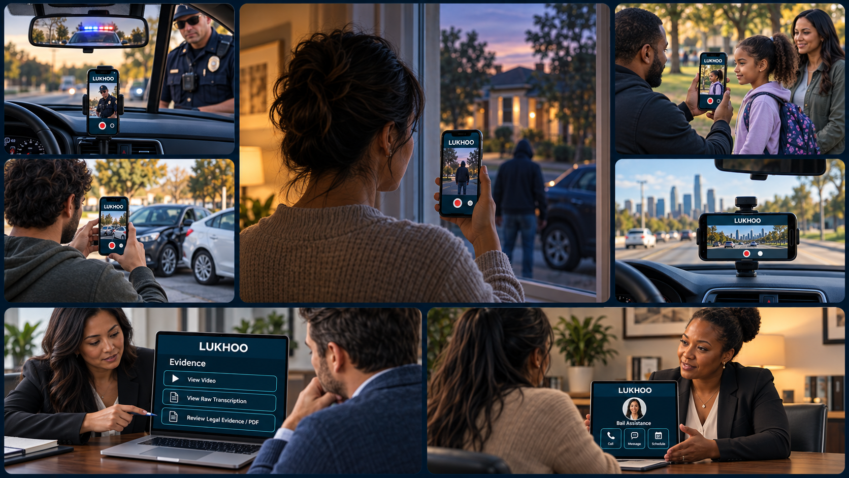 Lukhoo connects incident recording, trusted support, attorney evidence review, and planned bail provider services.